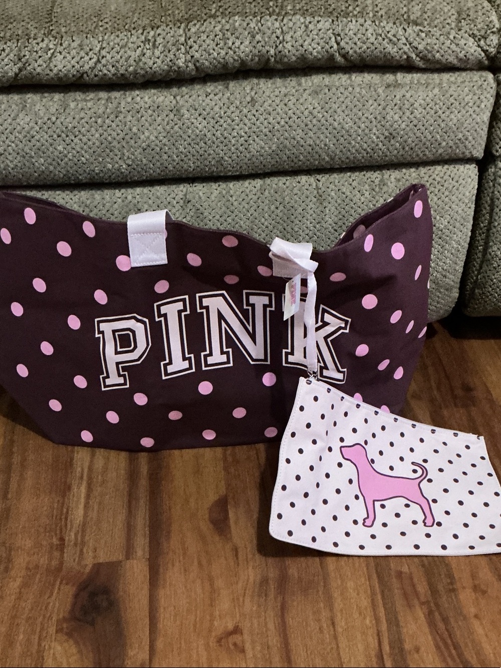 PINK Victoria's Secret Brown Tote with Pink Polka Dots and Matching Pouch nwt